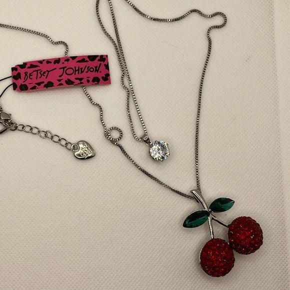 NECKLACE! Betsey Johnson Double Pendant Cherry Gemstone Necklace BNWT - Picture 3 of 5